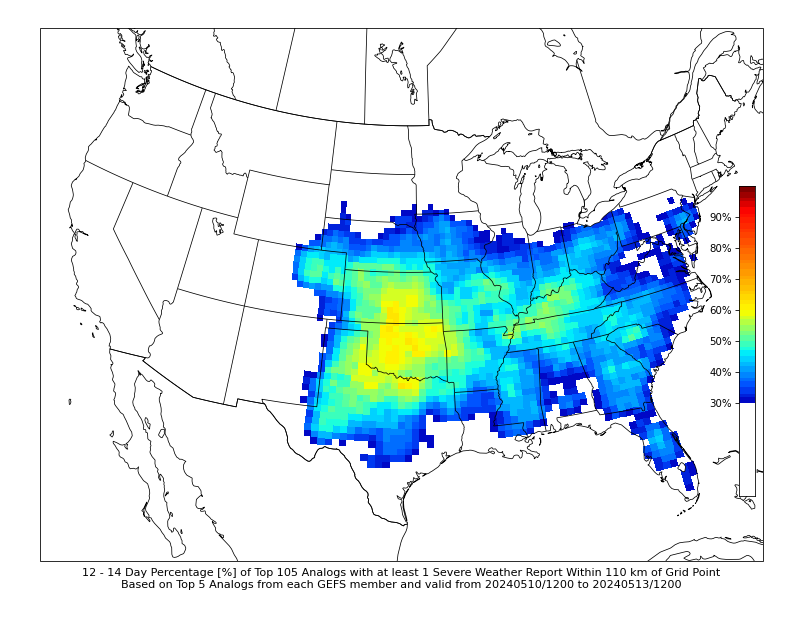 Extended range analogs from @CIPSAnalogs show increasing probabilities of severe weather as we head into the week 2 period! The pattern looks to remain active into May! #USwx #Severewx