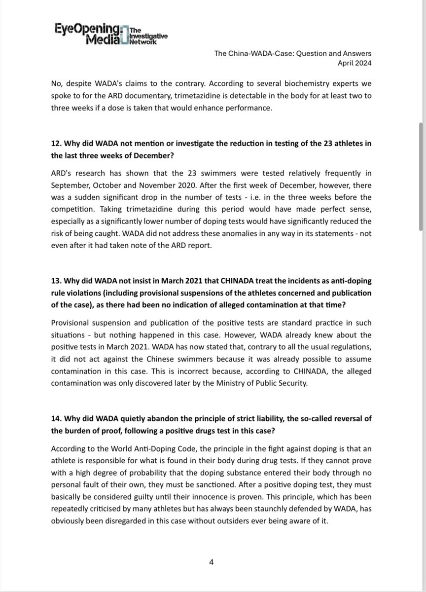 Here our 34 key questions in the WADA China case (in English). The public answers so far by @WADA_ama + Chinese Anti Doping Agency have not addressed at all the really relevant and crucial points in this affair. Do they distract from the key points in this matter? Part 1 of 3 >>>