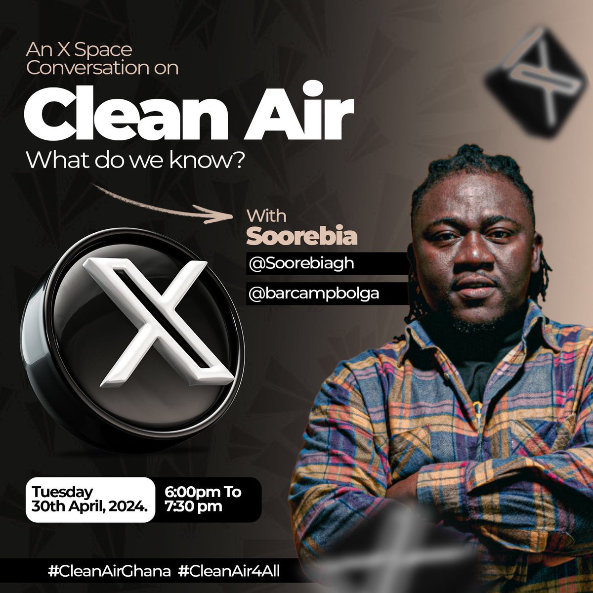 I want to invite you to join a conversation on X/Twitter tomorrow Tuesday, 30th April.  A conversation that borders around Clean Air, issues that affect the quality of air in our localities and how to improve air quality. 
twitter.com/i/spaces/1zqJV…
@Barcampghana #CleanAirGhana