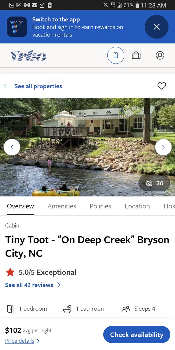 Enjoy Spring in Western NC's Smoky Mtns at this cost-friendly adorable 1-bedrm creekside tiny home! Trout fish out back door. A 3-waterfalls/ wildflower hike @GSMNP is just 2 min away! @VisitBrysonCity
has plenty of unique +friendly pubs, shops, eateries!
vrbo.com/2401566