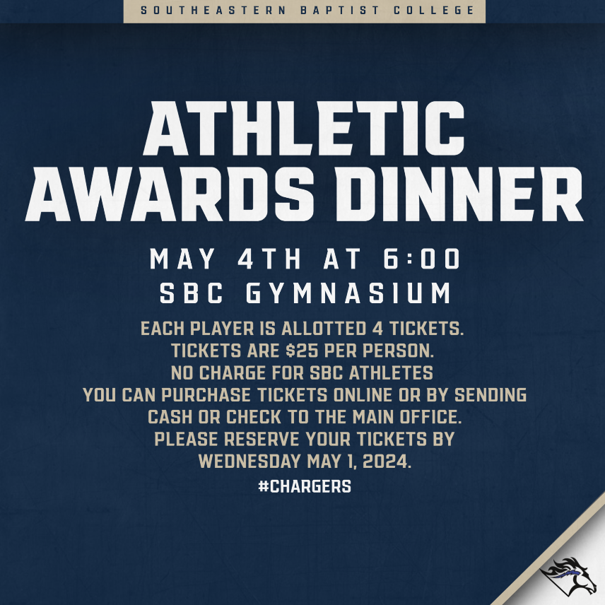 ‼️Athletes ‼️ Don’t forget to buy your guest tickets for the Athletic Awards Dinner! Deadline to purchase tickets is Wednesday! 

No Charge to Players || RSVP your spot today with your coaches! 

southeasternbaptist.edu/sebc-events/at…