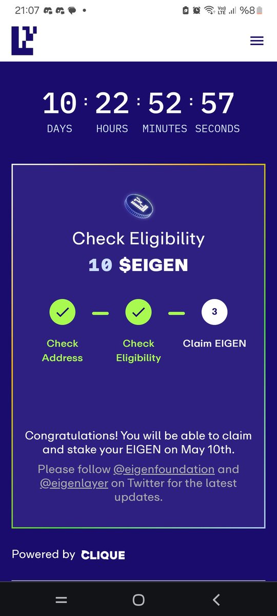 $EIGEN token #airdrop miktarları belli oldu. Aşağıdaki sitelerden cüzdan bağlamadan kontrol edebilirsiniz. 

claims.eigenfoundation.org
zkcodex.com

Ben 4 cüzdan ile 10 ar adet aldım toplamda 40 adet almış oldum. Sizde durumlar nasıl. Sövmek serbes !