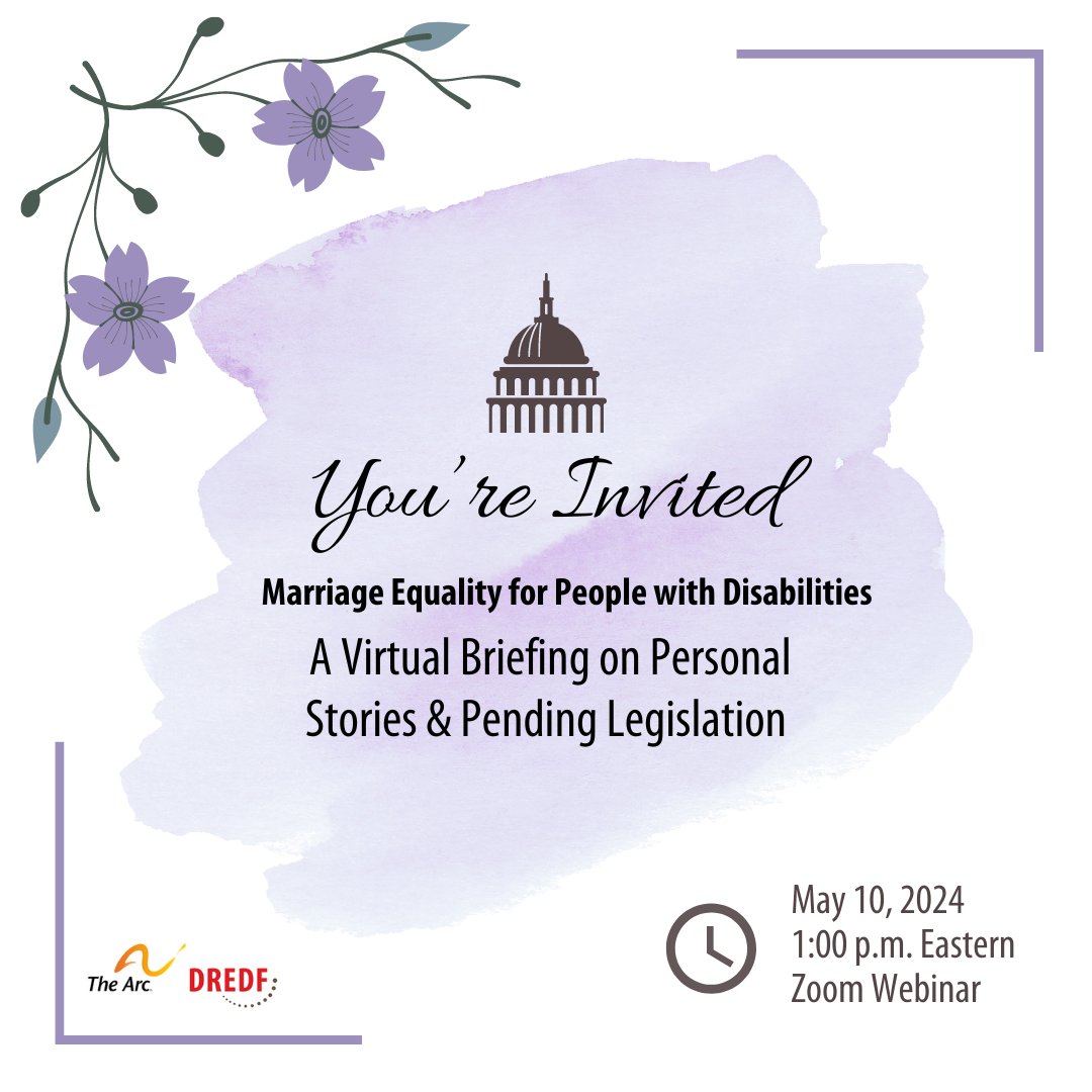 Join us to better understand marriage and relationship barriers people w disabilities face, hear stories & learn about pending legislation (#HR6640 #MarriageEquality for Disabled Adults Act + #S2767 & #HR5408 SSI Savings Penalty Elimination Act). Register dredf-org.zoom.us/webinar/regist…