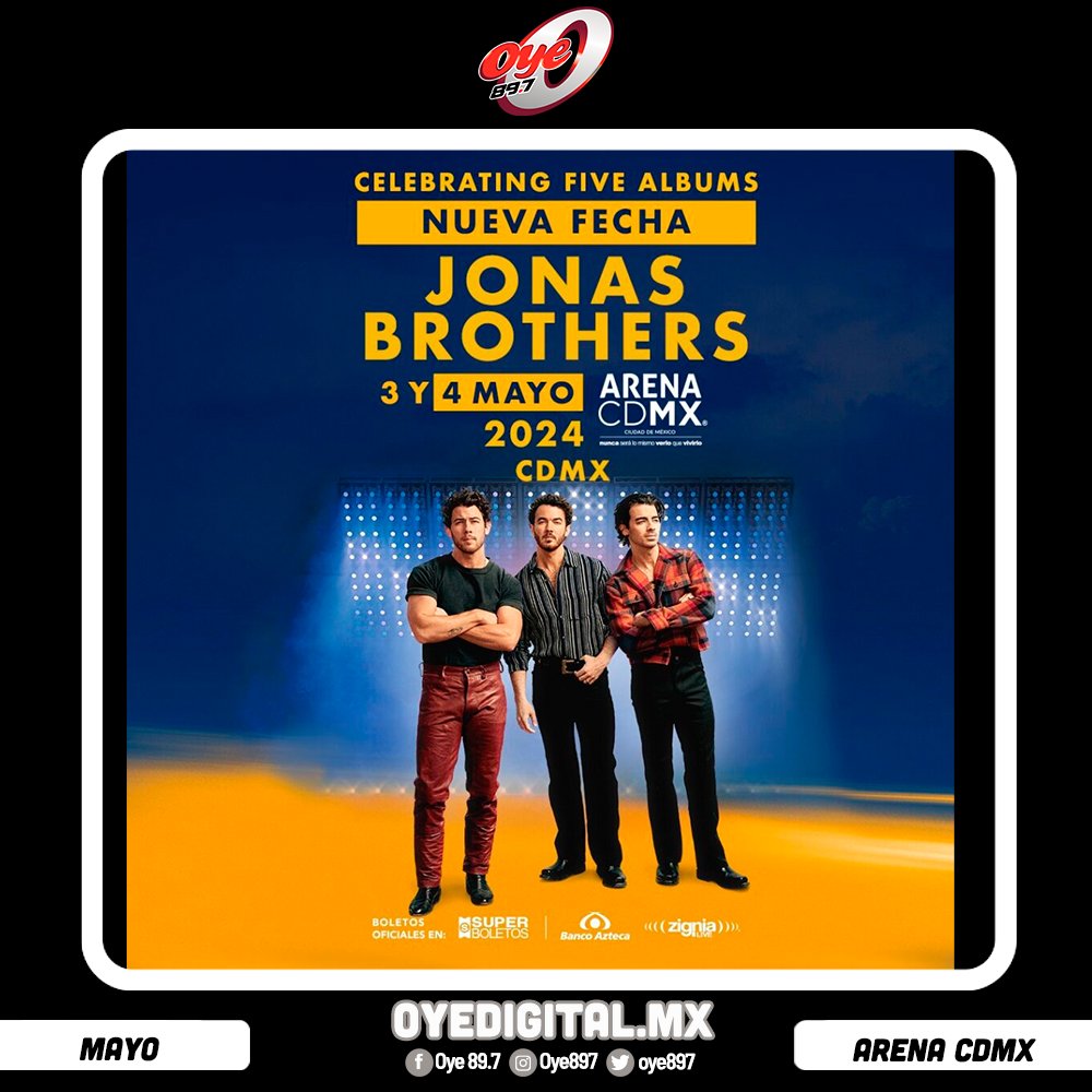 #OyeTeInvita al concierto de los Jonas Brothers en la Ciudad de México 🇲🇽 Corre a oyedigital.mx sube una foto demostrando que tan fan eres y pendientes de #Oye897fm que en cualquier momento te podemos marcar 🙌🏻 #jonasbrothers #Oye897fm #Concierto