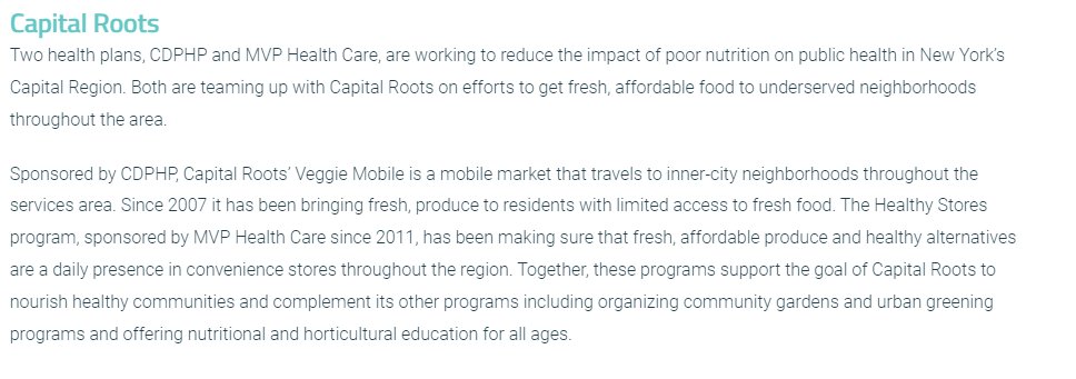 #MemberMonday: Spring days make many of us think of  gardens and the veggies they'll produce. Also thinking of that, two @NYHPA member plans, @CDPHP and @MVPHealthCare partner with @CapitalRootsNY to provide underserved neighborhoods access to fresh, affordable food. 👇