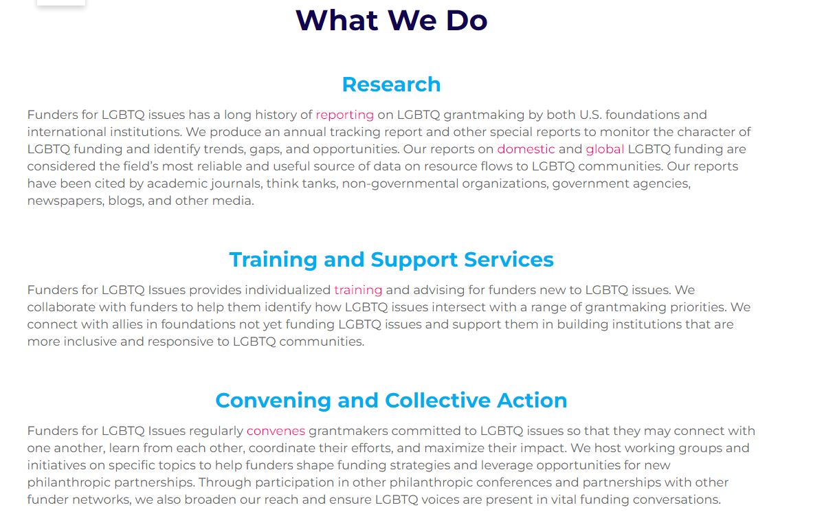 Alors par rapport à LGBT funders non ce n'est pas du tout un groupe de philanthrope. C'est un réseau de 100 fondations, entreprise et institutions de financement.
Que font-ils du coup? 
Je vous laisse regarder