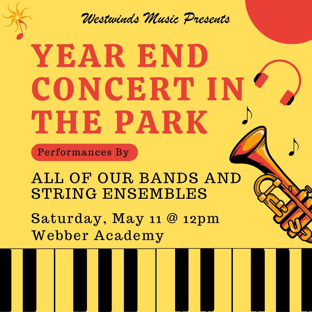 Saturday May 11 at 12pm!!! Our year end concert in the park will be happening at Webber Academy. This FREE concert will feature all of our bands and string ensembles! Hope to see you there! 1515 93 St SW, Calgary, AB