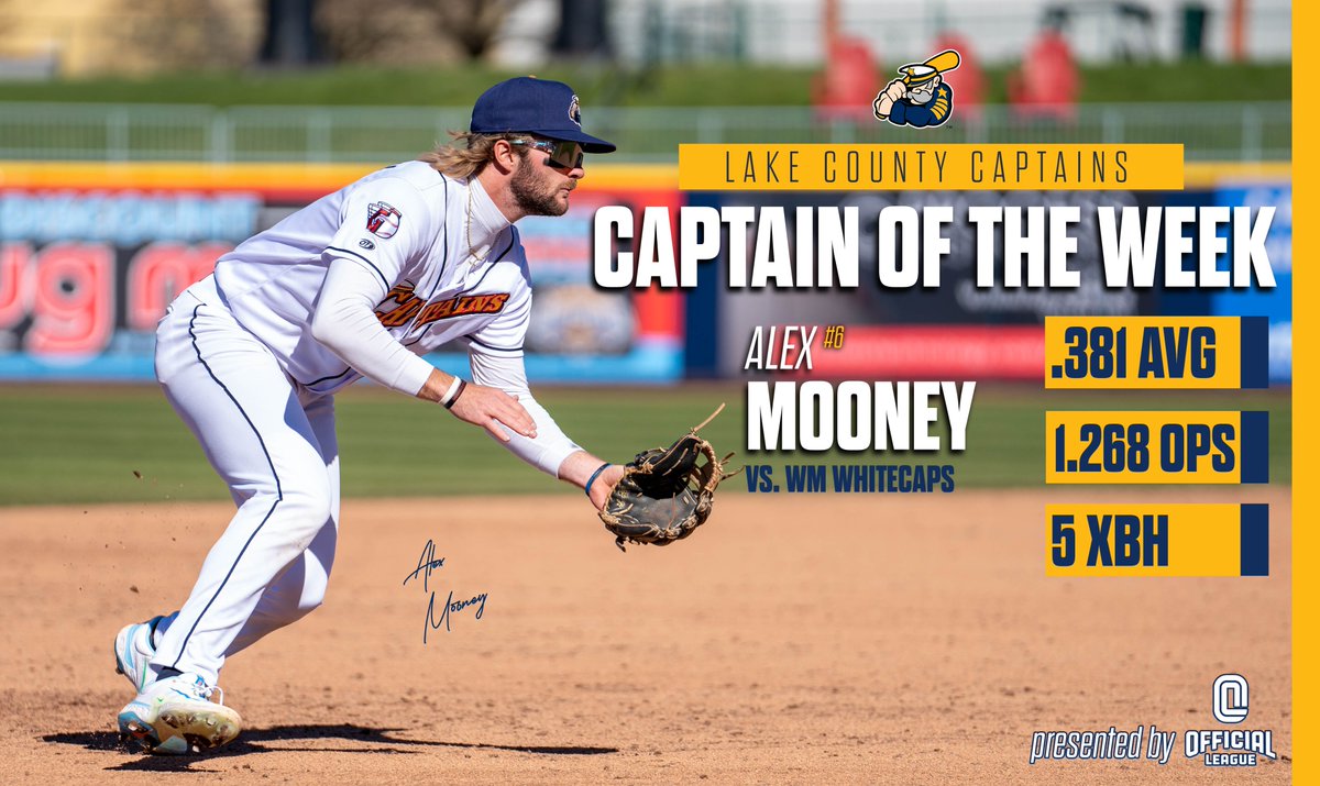 The Captain of the Week presented by @officialeague goes to Alex Mooney 🏆 Mooney tallied 6 RBI's, a .458 on-base percentage, an .810 slugging percentage, as well as an impressive 1.268 OPS. read more here 🖇️ milb.com/lake-county/ne…