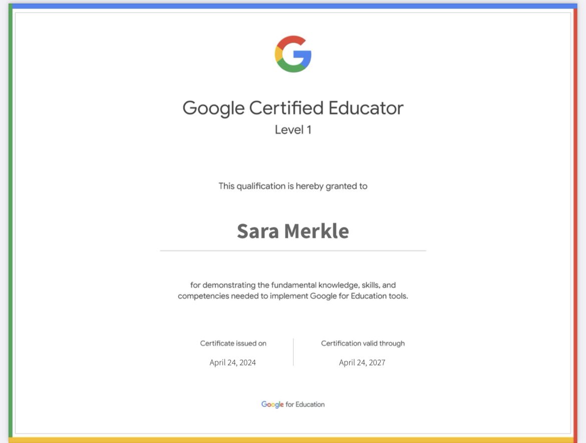 Miss_Merkle's tweet photo. Excited to have finally achieved this certification after utilizing Google all of these years! Google Certified Educator!👩‍💻💻 @GoogleForEdu @Google https://t.co/UuYcSp0D1o