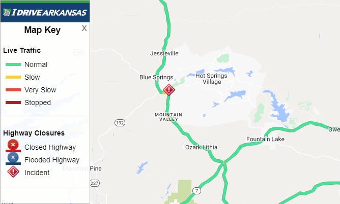Garland Co: (UPDATE) Hwy 7 NB right shoulder remains blocked 0.7 miles SE of State Highway 192 (Hot Springs) due to an accident. Monitor IDriveArkansas.com for the latest information. #artraffic #swatraffic