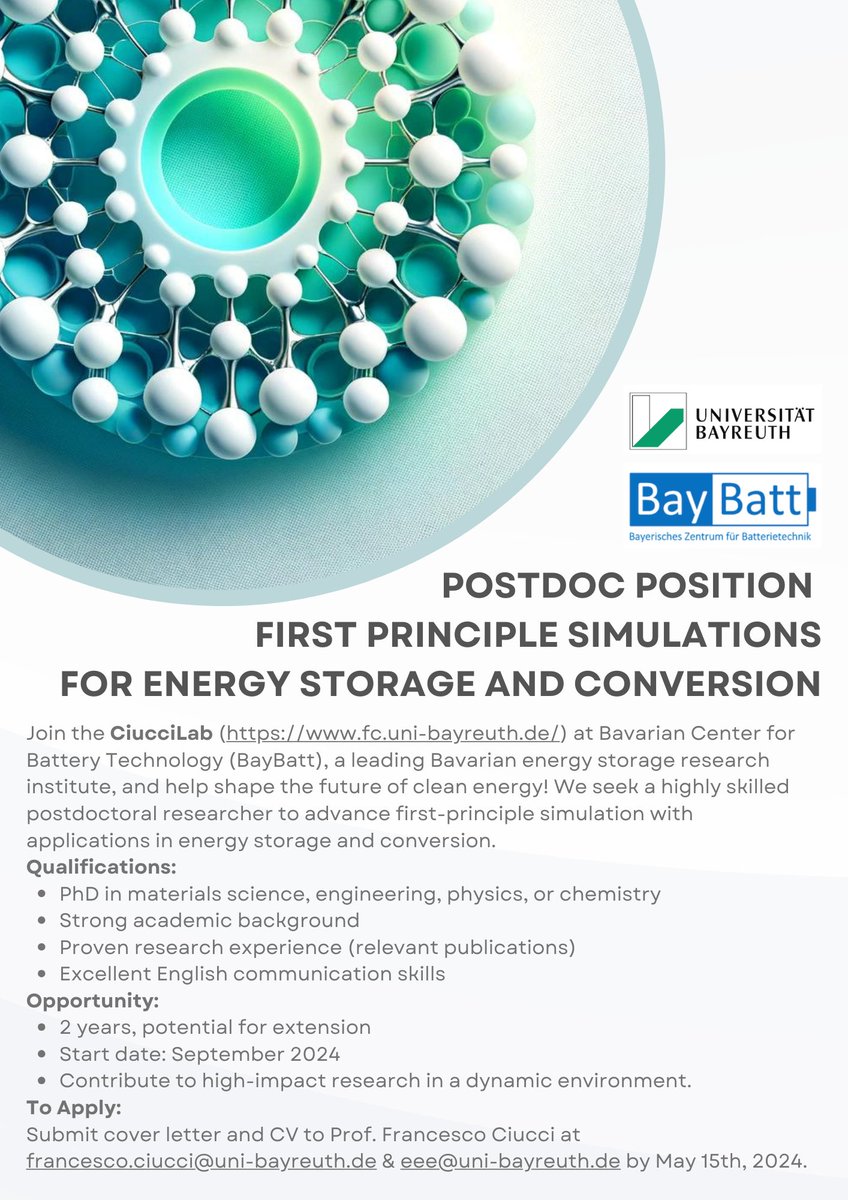 🔋⚛️ Exciting Postdoc opportunity at @UniBayreuth's CiucciLab! Dive into advanced first-principle simulations for energy storage & conversion. Be part of a dynamic team leading the charge in clean energy research.
#PostdocJobs #EnergyResearch #SimulationScience #AcademicCareers