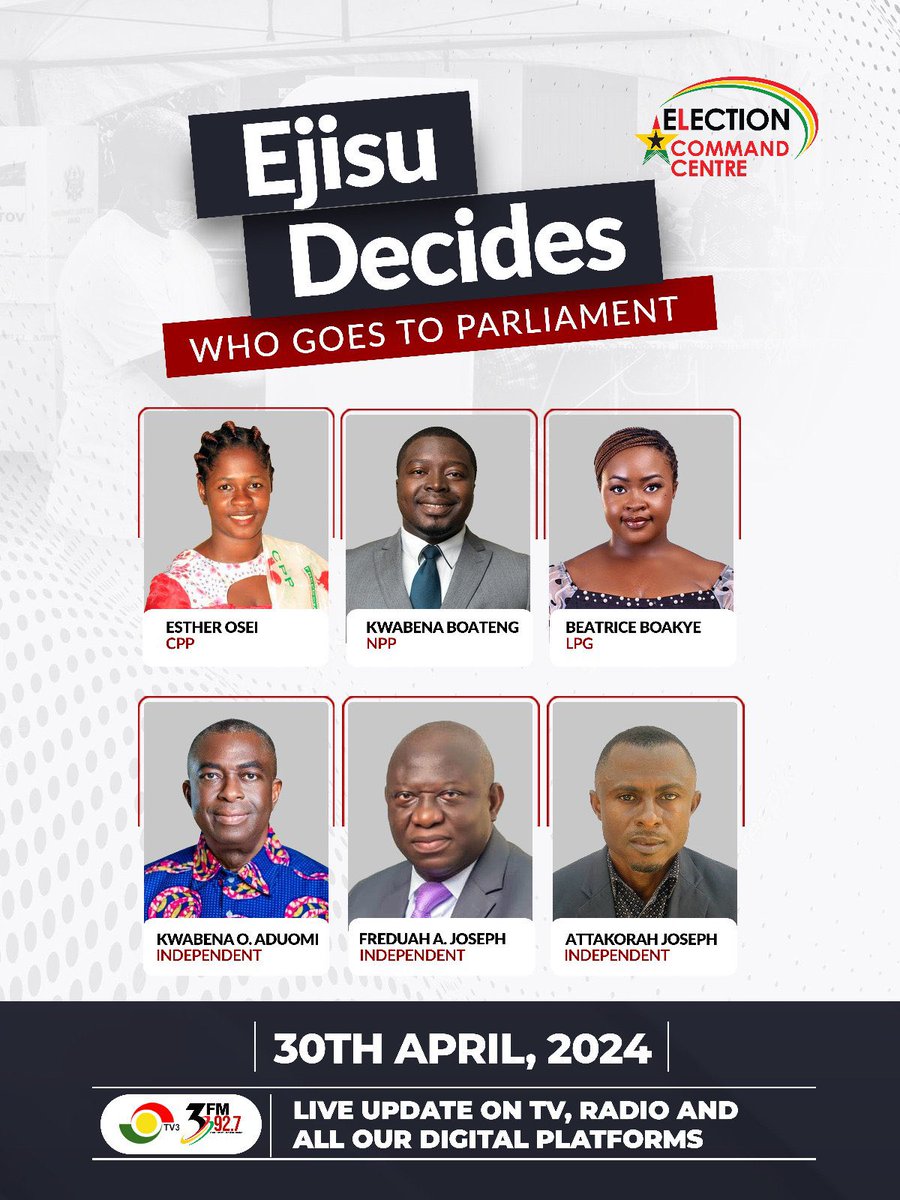 Who represents Ejisu in Parliament tomorrow?
Join us tomorrow for live update on the Ejisu By-Election on all our platforms. 

#3NewsGH
