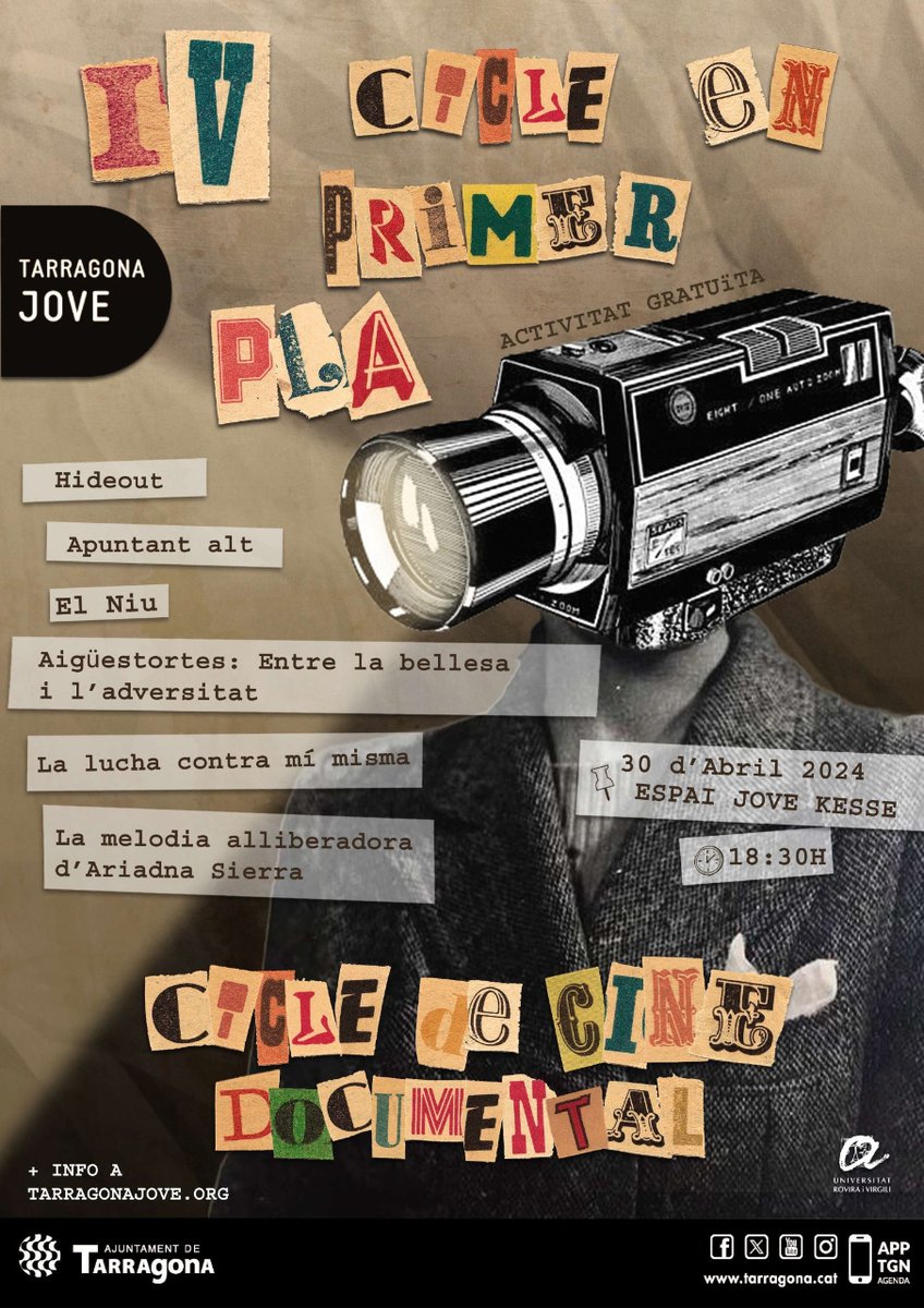 CULTURA | 📽️ 6 curts documentals de l'alumnat de Comunicació Audiovisual de la URV formen el cicle de cinema ‘En primer pla’.

👉Les obres es podran veure a partir de les 18.30 h d'aquest dimarts, amb accés lliure, a l'Espai Jove Kesse.

ℹ️ tarragona.cat/cultura/notici…

<a href="/tarragonajove/">Tarragona Jove</a>