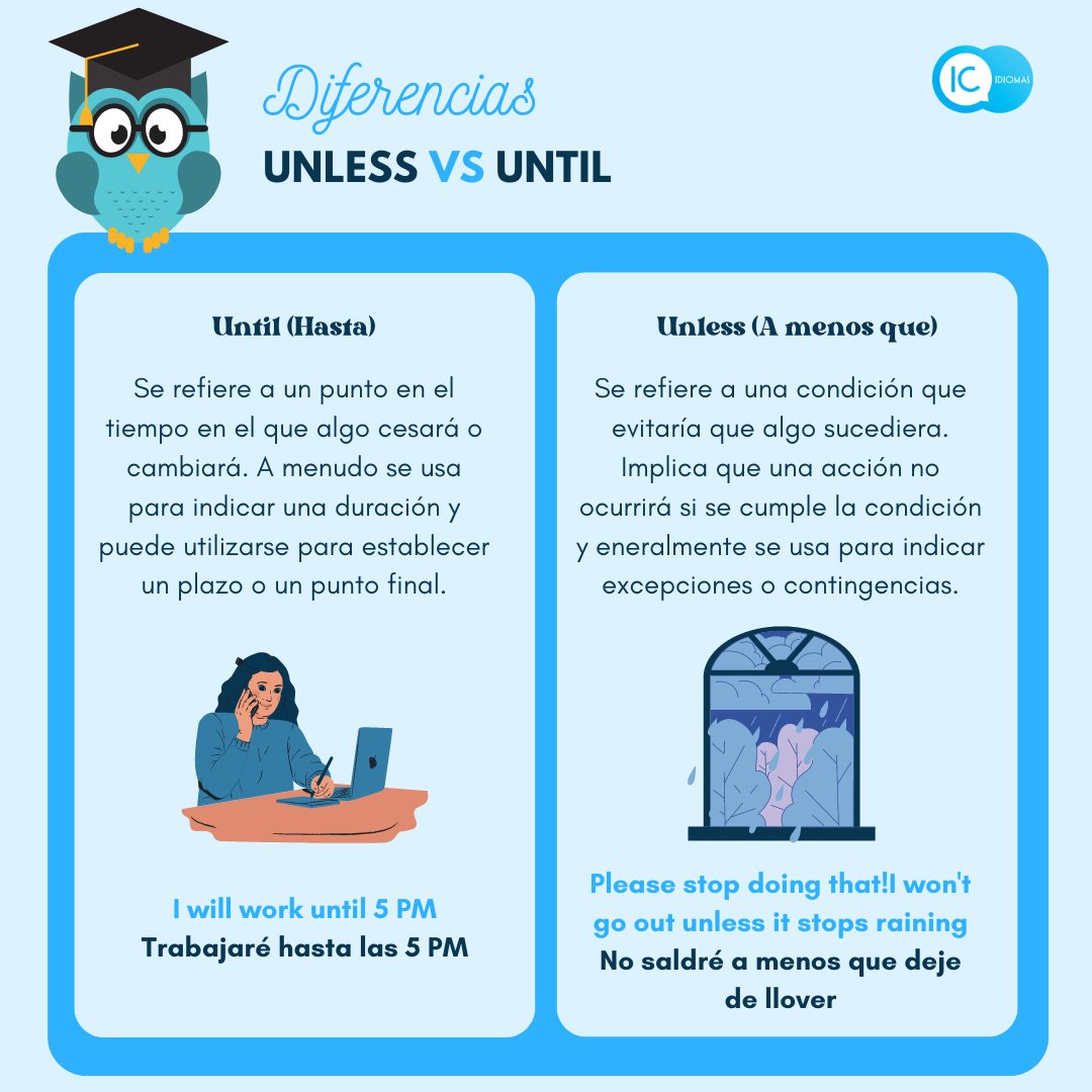 ¿Sabes la diferencia entre 'Until' y 'Unless'? 💬📚 Ambos términos en #inglés 🇬🇧 se usan para expresar condiciones y límites de tiempo, pero tienen significados distintos. 

#AprenderIngles #ConsejosDeInglés
