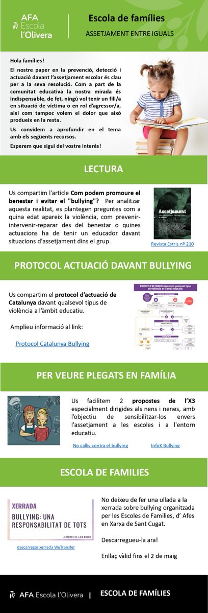 Hola hola!☔️Us compartim la newsletter del mes d'abril de l'Escola de Famílies de l'AFA. Aquesta la dediquem a un tema tant important com és el 'bullying'. 
drive.google.com/file/d/1Bd45Yx…
Afanyeu-vos que algun enllaç caduca aquesta mateixa setmana!