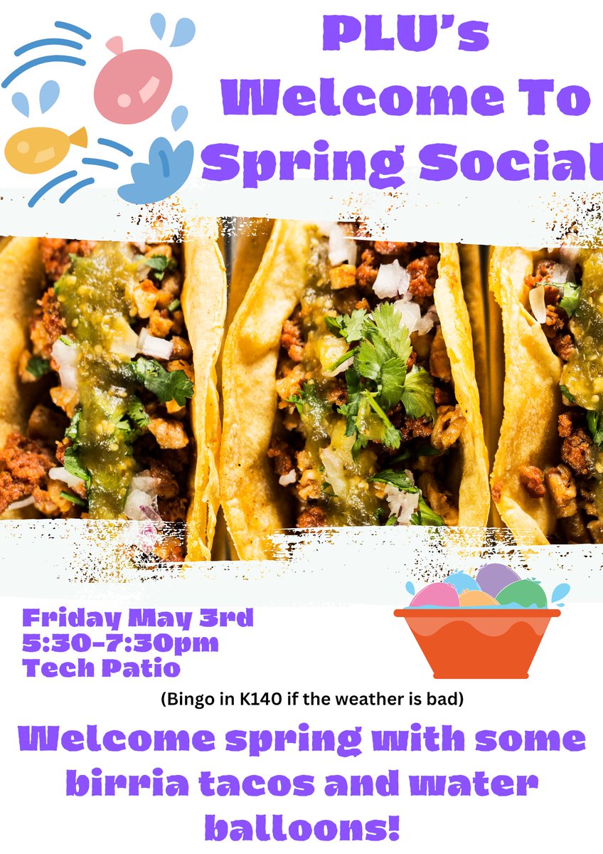 NorthwesternPLU's tweet photo. Join us this Friday 5:30-7:30pm on Tech Patio for some delicious birria tacos and water balloon activities as we welcome spring! https://t.co/t8uFwpeM2N