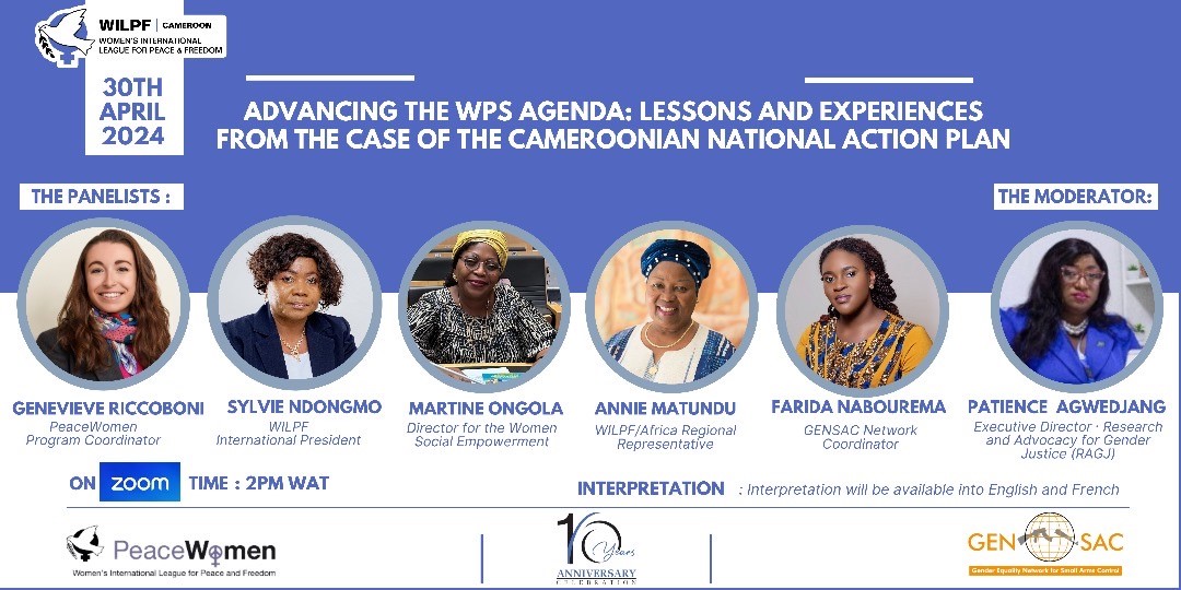 Tomorrow, we are hosting a webinar with @WILPF Cameroon to reflect on the lessons and experiences from Cameroon's WPS #NationalActionPlan. Join us at 2pm West Africa Time, 9am ET ⬇️⬇️ eu01web.zoom.us/webinar/regist…