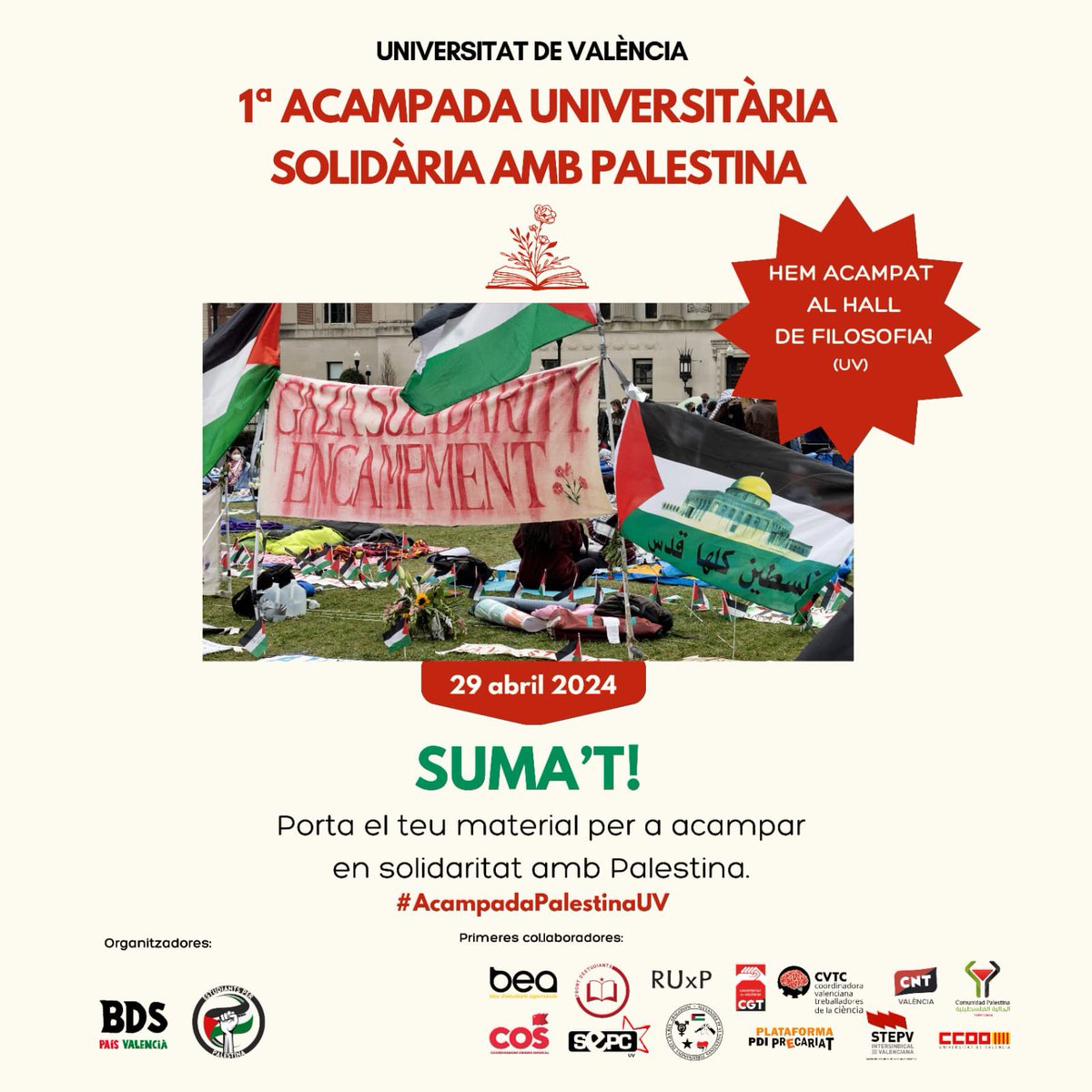 ‼️ Estem iniciant el primer tancament a una universitat de l'Estat espanyol per donar suport al poble palestí i en contra del genocidi. Us convidem a totes a què us tanqueu a la Facultat de Filosofia amb nosaltres. @acampadauv