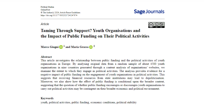 What is the relationship between public funding and the political activities of youth organisations in Europe? Marco Giugni & Maria Grasso examine this is @PolStudies: journals.sagepub.com/doi/full/10.11… (OPEN ACCESS) @SAGECQPolitics @PolStudiesAssoc #polsci #youthpolitics #freeaccess