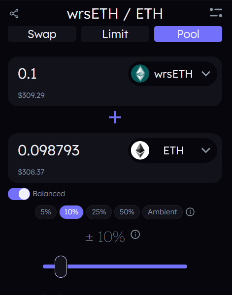 3/ Now that you've got wrETH in your wallet, choose the wrETH-ETH pool and add your wrETH > ETH on Ambient. 🦄💰 #LiquidityPool #DeFi