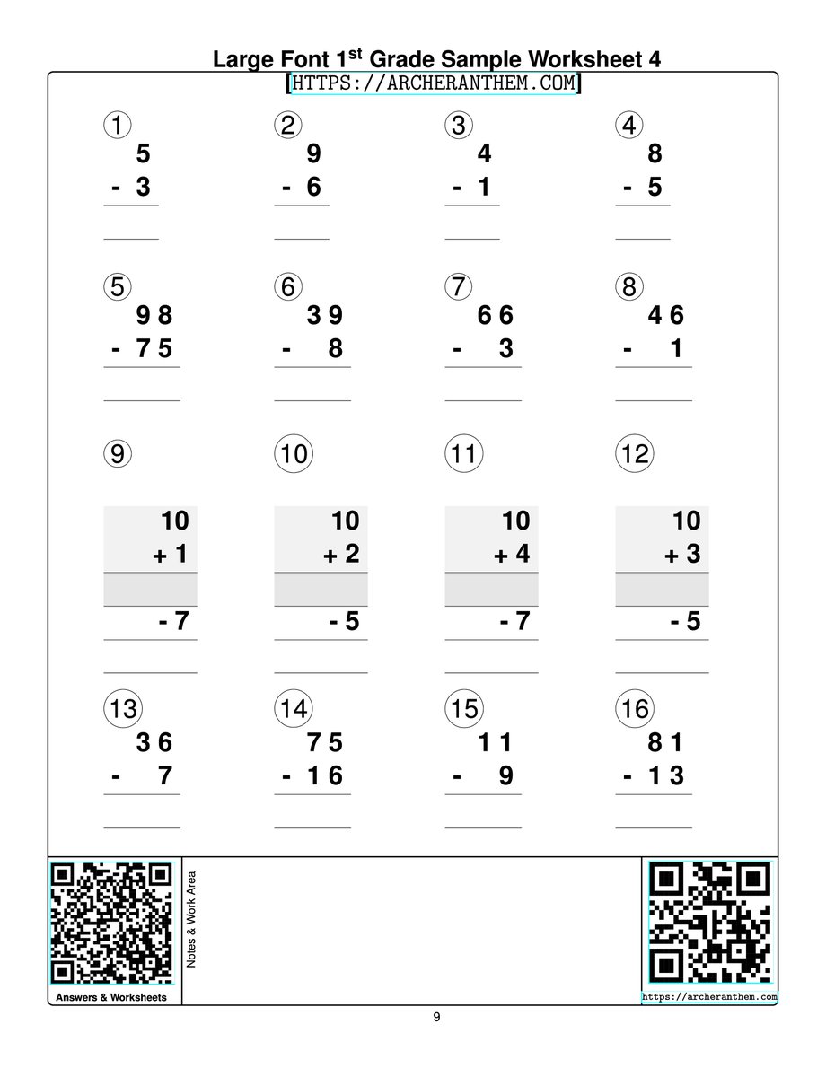 Large Print 1st Grade Sample Worksheet 4 - Subtraction [ARCHERANTHEM.COM].  Designed for Children With Low Vision. Explore More! Scan the QR Code for Additional Samples and Answer Keys. archeranthem.com/workbooks/larg…… #visualimpairment #homeschool #math #largeprint #lowvision