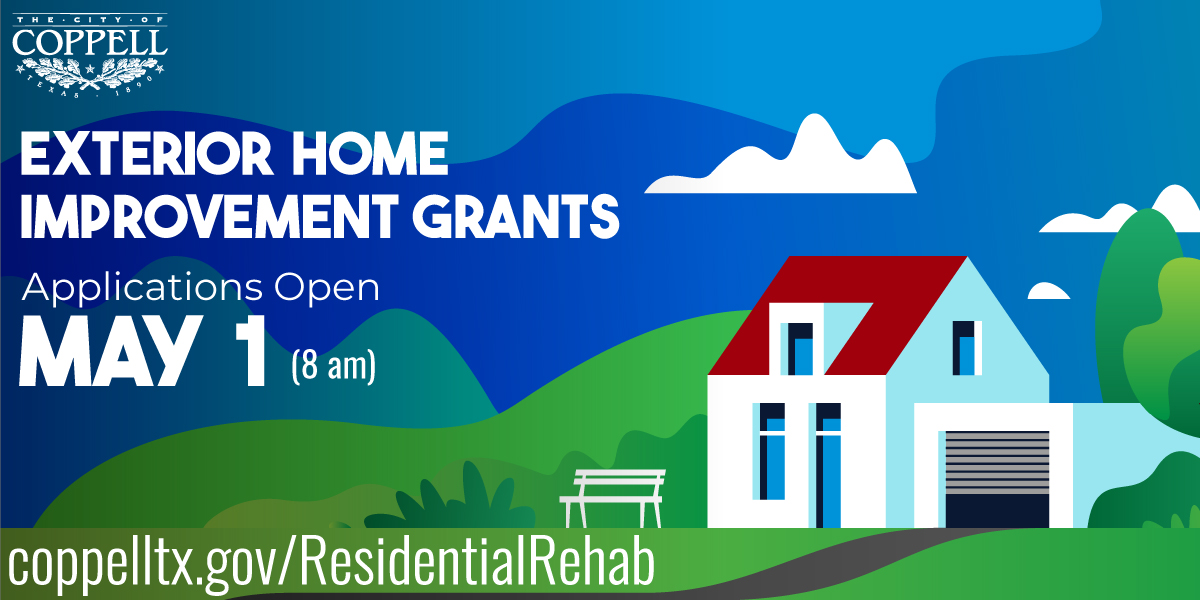 Applications for a Residential Rehabilitation Grant will open at 8 am on Wednesday, May 1. These grants can help offset the cost of exterior home improvement projects for homeowners in Coppell. 🏡 For details, and a list of qualifying projects, visit coppelltx.gov/ResidentialReh….