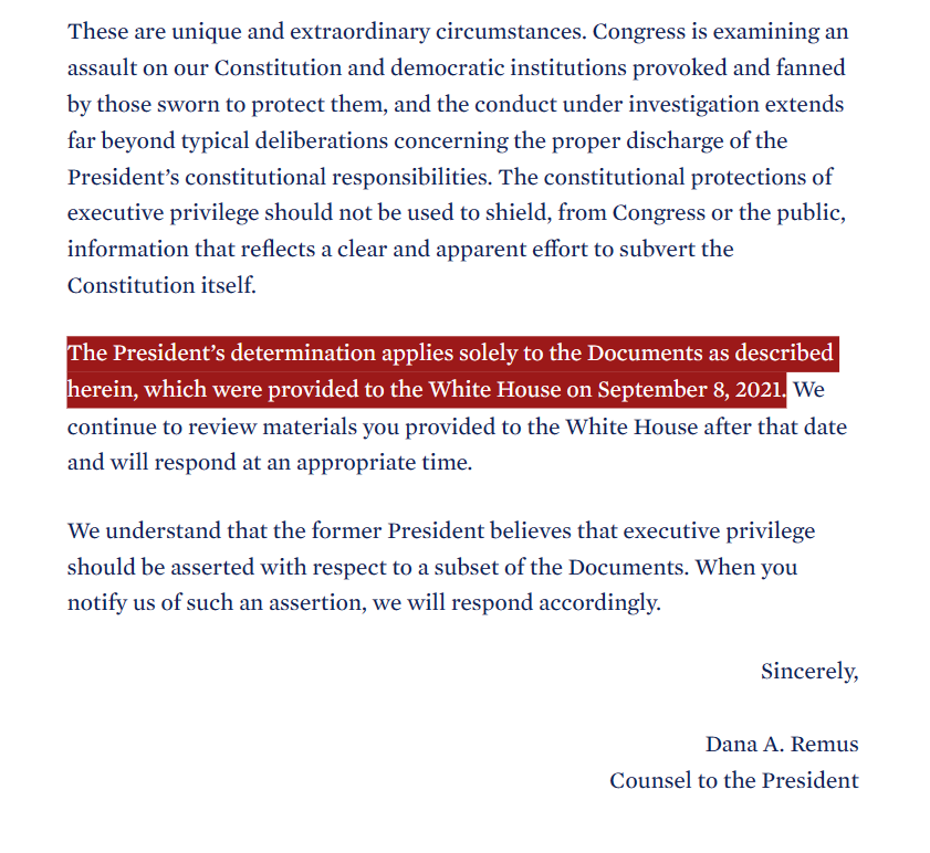 Remus appears to refer to the Sept 8 meeting in her letter to Ferriero denying exec privilege protection for Trump related to demands by J6 select committee. It also appears that Ferriero brought documents to her for review at that meeting. During the same time period, deputy…