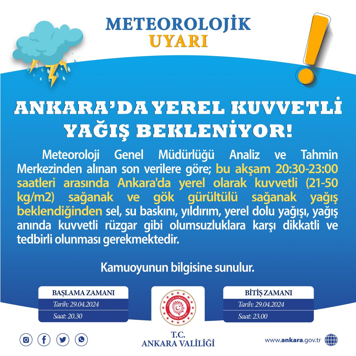 Meteoroloji Genel Müdürlüğü Ankara Bölge Tahmin ve Erken Uyarı Merkezi Radarından Alınan Son Verilere Göre; Ankara'da bu akşam saat 23:00’e kadar etkili olması beklenen kuvvetli sağanak yağışlar dolayısıyla yaşanması muhtemel olumsuzluklara karşı tedbirli olunmalıdır.