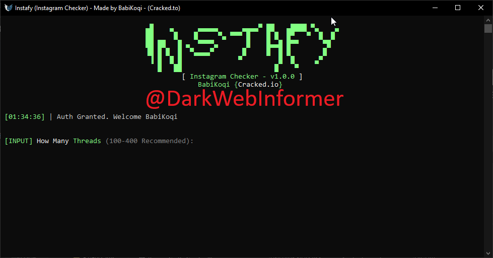 DarkWebInformer's tweet photo. ⚠️INSTAFY⚠️is a Instagram checker made by BabiKoqi. It has full capture, is extremely fast and has a nice UI.
#CTI #Darknet #DarkWeb #DarkWebInformer #Cybercrime #Cybersecurity #Cyberattack #Infosec #INSTAFY https://t.co/LKQ8uMdzEc