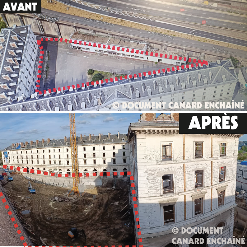 L’autoroute A13 fissurée par le caprice d’un élu (suite) : les photos du "Canard" montrent le site du musée du Grand Siècle peu avant les travaux et à la fin de cet hiver, avec un grand trou creusé au pied du mur de soutènement de l’autoroute (pointillés rouges) pour créer le