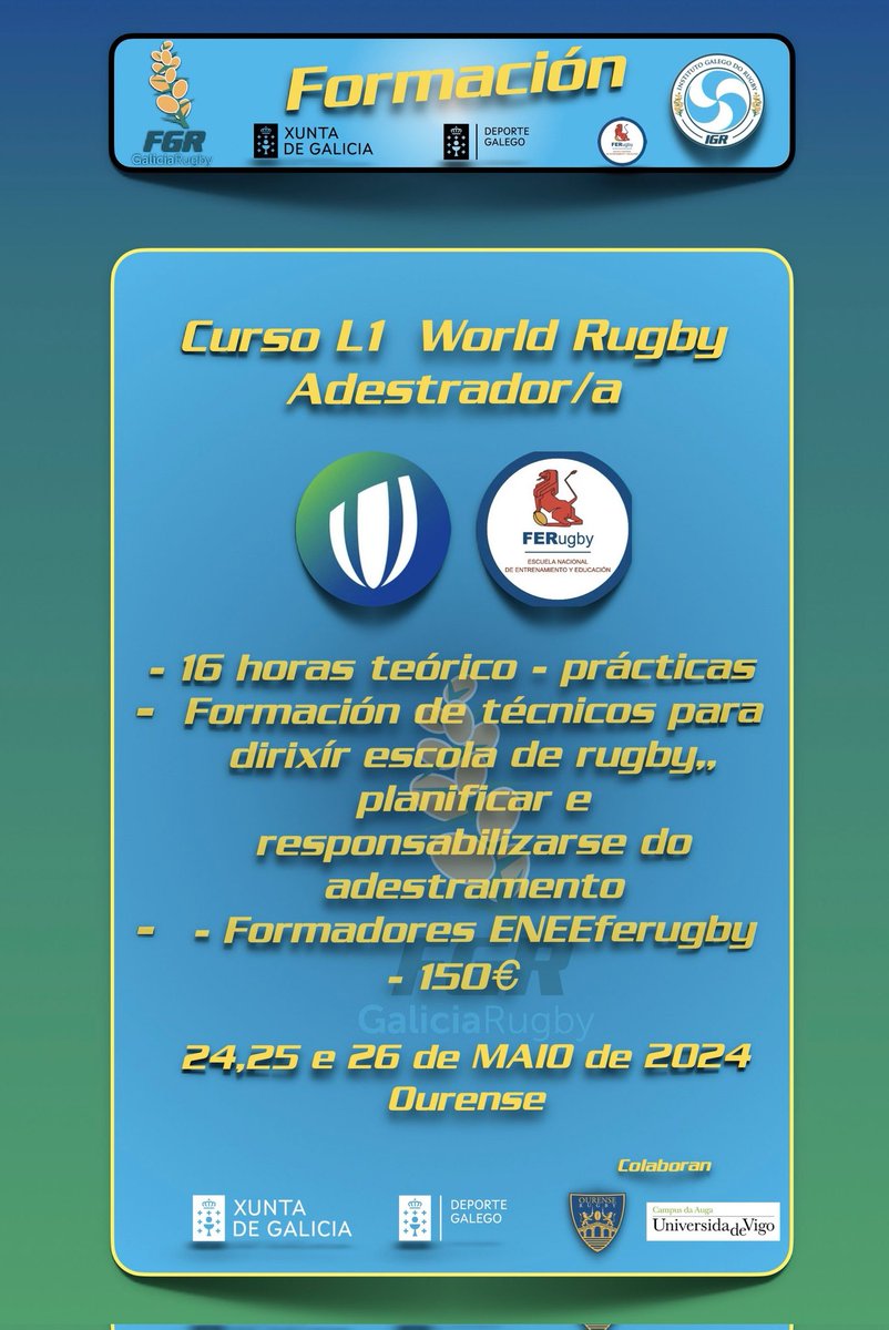 🚨 Segue aberto o prazo para inscribirse no Curso L1 @WorldRugby Adestrador/a 🧑‍🏫 16 horas teórico - prácticas 🏉 Formación de técnicos para dirixír escola de rugby, 🧑‍🏫 Formadores @ENEEferugby 💶 150€ 📅 24,25 e 26 de MAIO de 2024 📍 Ourense 📄docs.google.com/forms/d/e/1FAI…