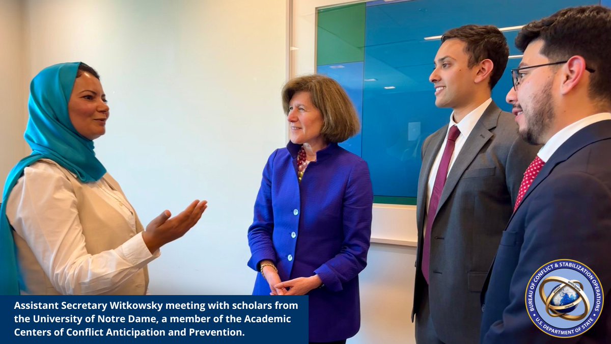 In the U.S. and around the world, we're investing in partnerships to bring in new ideas and perspectives on conflict prevention. Last week, I was thrilled to discuss research on ways to #PromoteStability by these bright scholars from <a href="/KeoughGlobalND/">Keough School of Global Affairs</a> — a key academic partner.