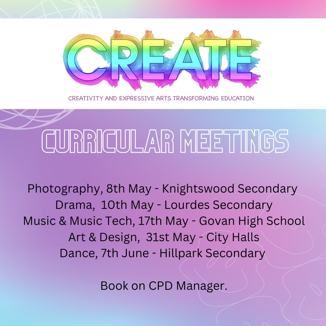 GCC secondary Expressive Arts teachers, this post is for you. Book on CPD Manager to join us for the final curricular meetings this session. Contact @mrs_ferns if you have any questions. @GCCLeadLearn
