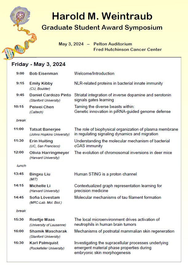 The 2024 @FredHutch Weintraub Graduate Student Award Symposium is this Friday (May 3rd)! We’re so excited to meet the amazing awardees and hear about their incredible research! fredhutch.org/en/news/releas…
