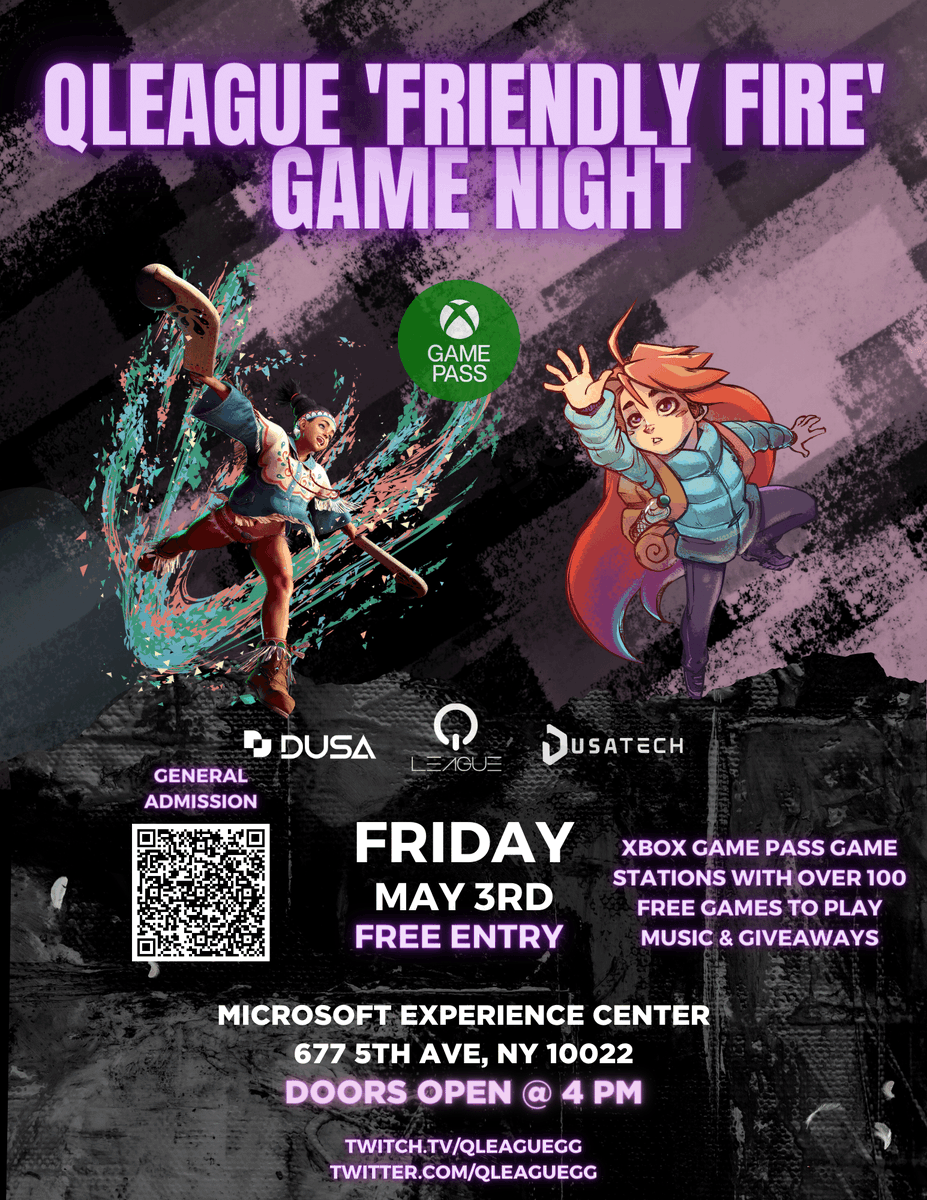 It's almost here! This Friday May 3rd <a href="/QLeagueGG/">QLeagueNYC</a> x <a href="/YoSoyDUSA/">Dominicanos USA | DUSA</a> Casual gaming event in NYC! Be there from 4pm - 7pm at the <a href="/Microsoft/">Microsoft</a> Experience Center!🎮

🎟️ Free Eventbrite Tickets: eventbrite.com/e/qleague-free…

🕹️ Xbox Game pass w/ over 100 titles, Street Fighter 6 &amp; more!