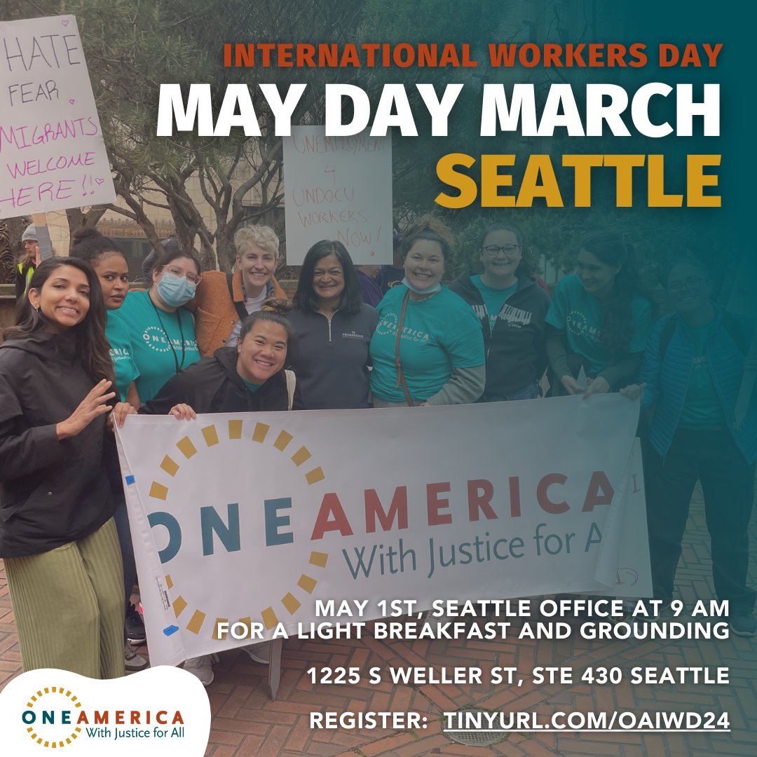 Join us for May Day in Seattle; we'll be marching for immigrant worker rights! 

We'll start at 9 AM for a light breakfast and grounding. Then, we'll head to the marching location together. 
✴️ Register: tinyurl.com/OAIWD24

#OneAmerica #MayDay #WorkerRights #ImmigrantRights