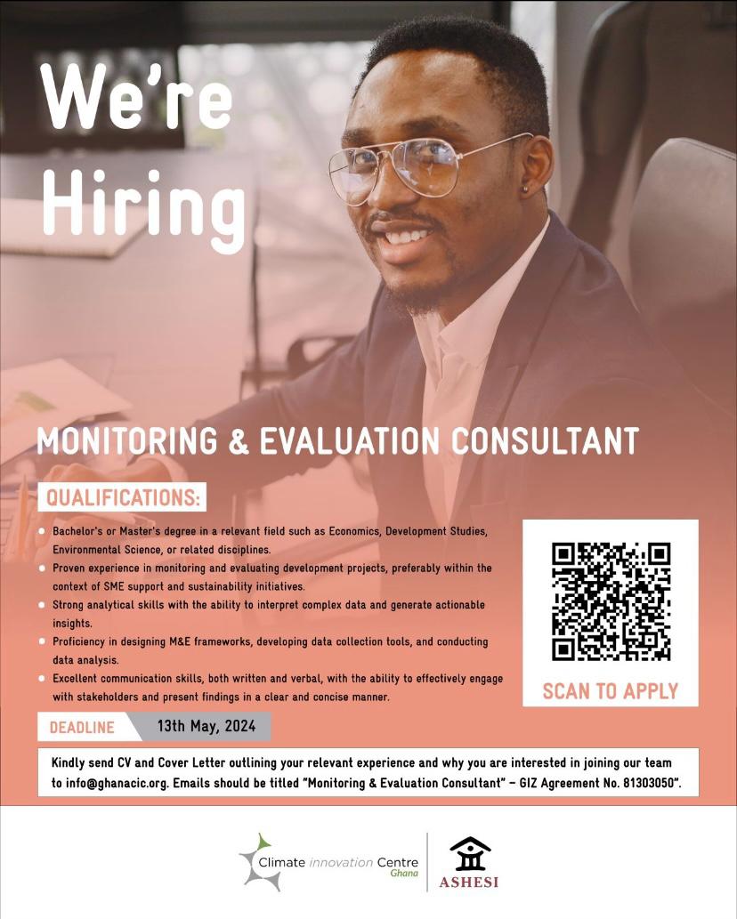 Monitoring & Evaluation Consultant at GCIC Find out more about the role on our website with this link >>> lnkd.in/dzQrKmrR or apply directly by sending your CV & CoverLetter to info@ghanacic.org