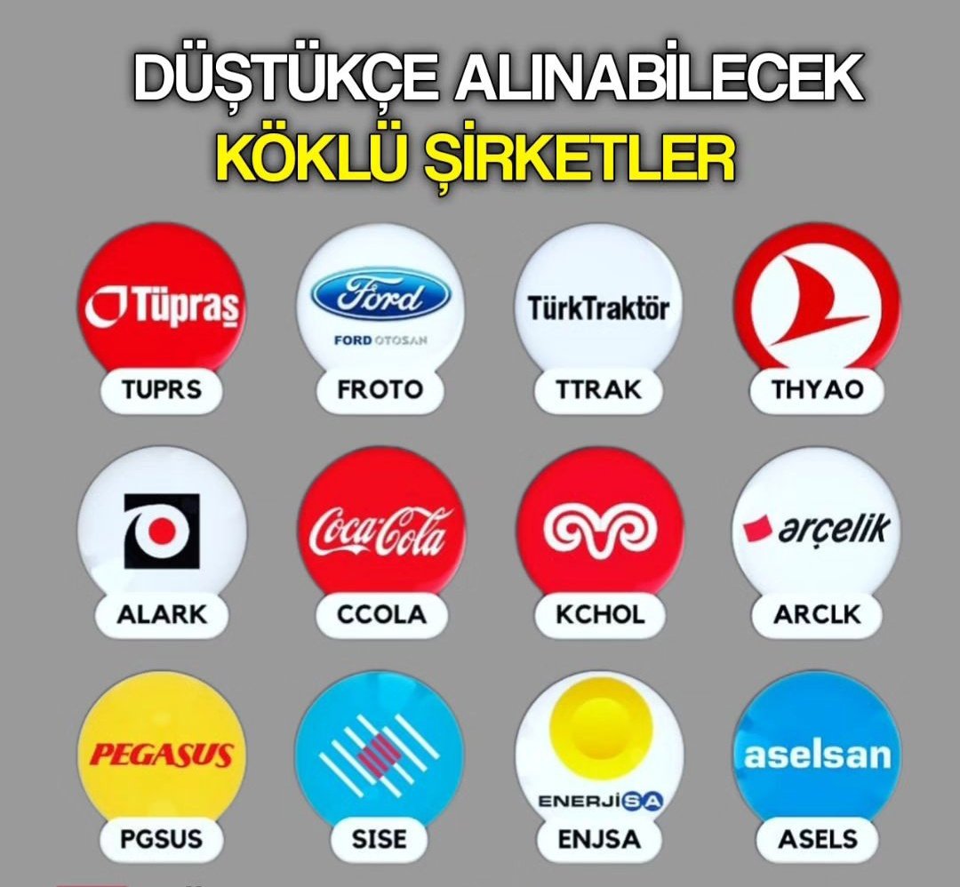 ✍🏻Düştükçe Alınabilecek Köklü Şirketler 👇🏻 #TUPRS Tüpraş #FROTO Ford otosan #TTRAK Trük Traktör #THYAO Türk Hava Yolları #ALARK Alarko Holding #CCOLA Cocacola #KCHOL Koç Holding #ARCLK Arçelik #PGSUS Pegasus Hava Yolları #SISE Şişe Cam #ENJSA Enerjisa Enerji #ASELS Aselsan