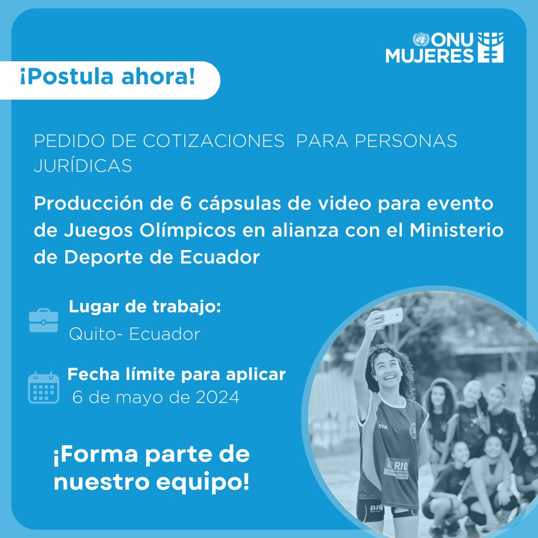 👩‍💻👨‍💻 ¡Ampliamos el plazo! 🔍Requerimos propuestas de cotizaciones para producir 6 cápsulas de video para evento de Juegos Olímpicos en alianza con el Ministerio de Deporte de Ecuador. 📆Fecha límite: 06 de mayo hasta las 24h00 📌 Más información 👉unwo.men/k61t50RmxoY