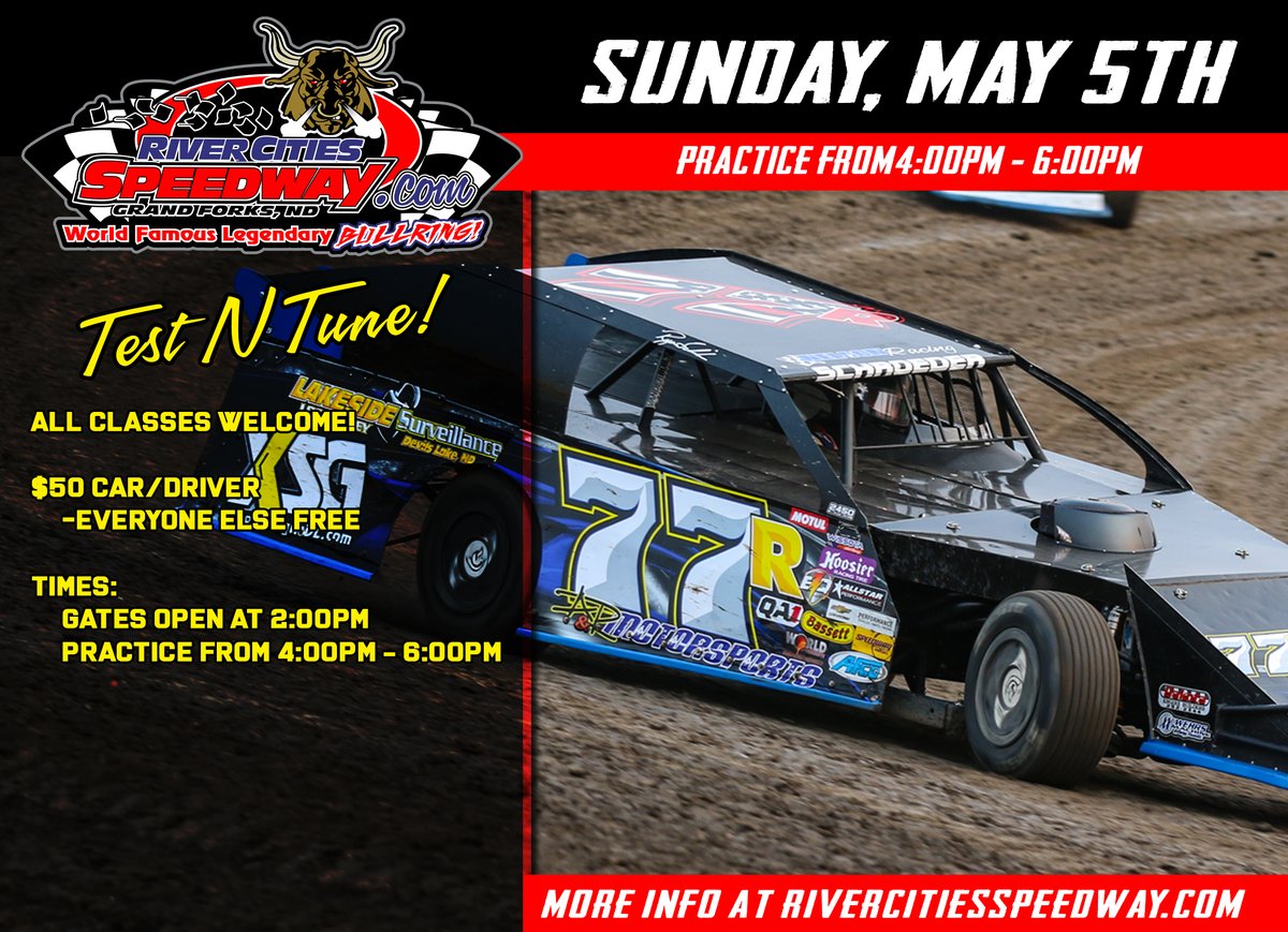 TEST N TUNE Sunday, May 5th: 4:00pm - 6:00pm All classes welcome. Due to construction, there will be a new pit entrance for the Test N Tune. Details coming later this week. SEASON OPENER: Friday, May 10th @NOSAsprints @NLRAracing Midwest Mods Street Stocks Lightning Sprints