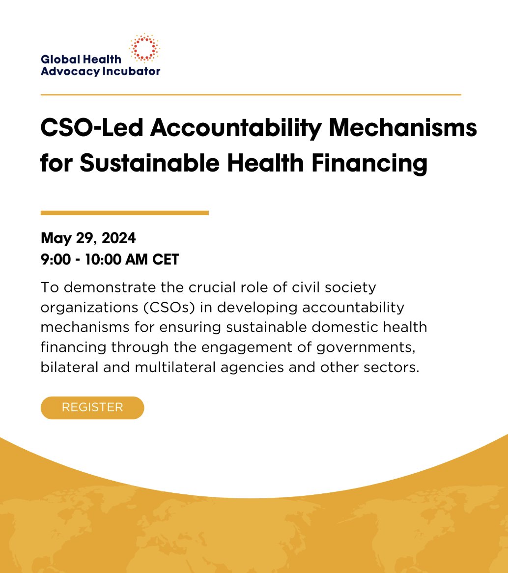 Calling all public health advocates! One month from today, we'll be in Geneva for #WHA77 to discuss the role civil society organizations play in ensuring sustainable domestic health financing. Register for this hybrid event: bit.ly/sustainablefin… #GlobalHealthAdvocacy