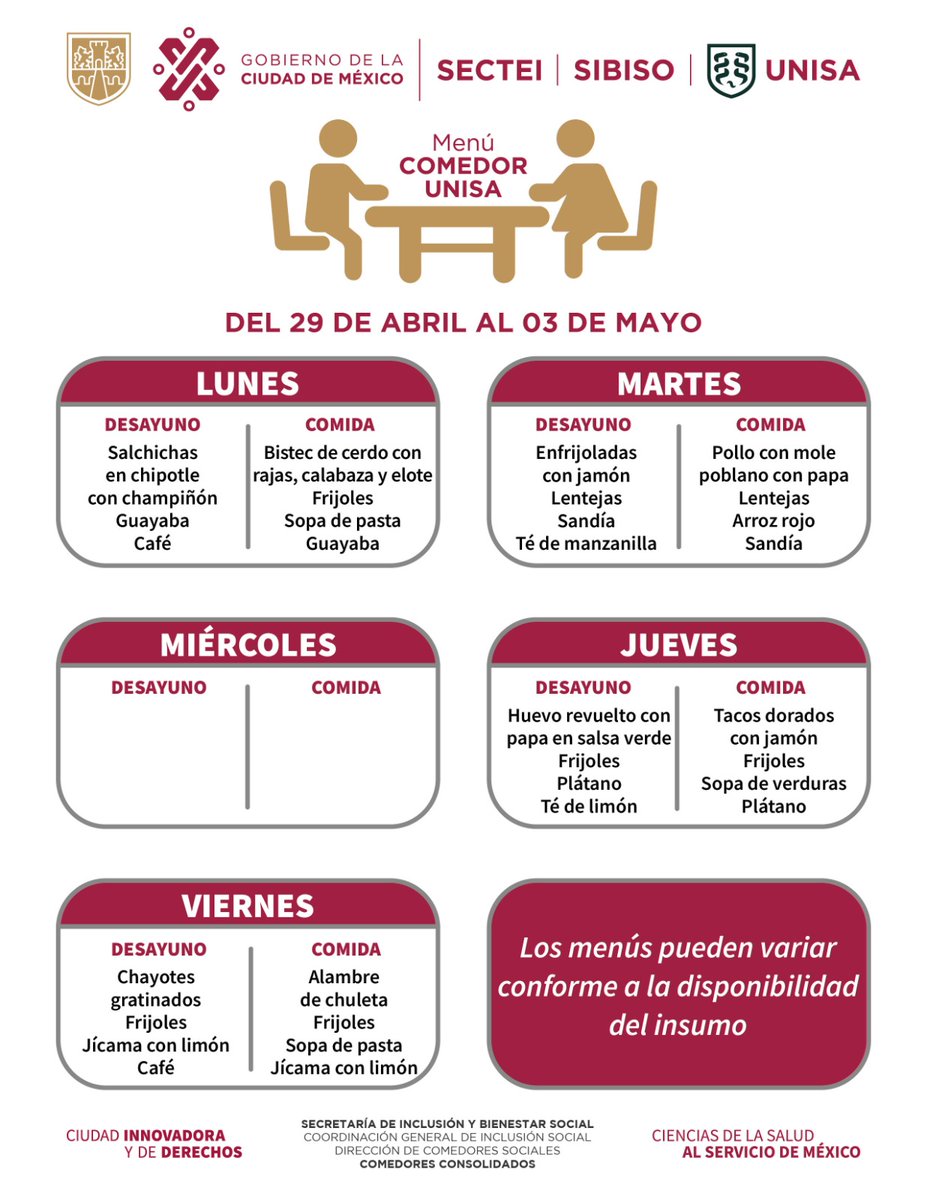 Les compartimos el menú de la semana del 29 de Abril al 03 de mayo.😋🍽️🥗🍌🍋🥔 Les recordamos que los menús pueden variar conforme a la disponibilidad del insumo.