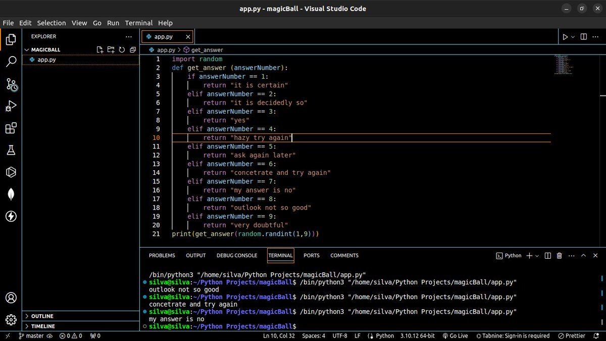 S_Machoka's tweet image. Just created a magic 8-ball style function in Python. Using random numbers and return statements, it dishes out mystical answers to life's burning questions.#Python #CodingMagic