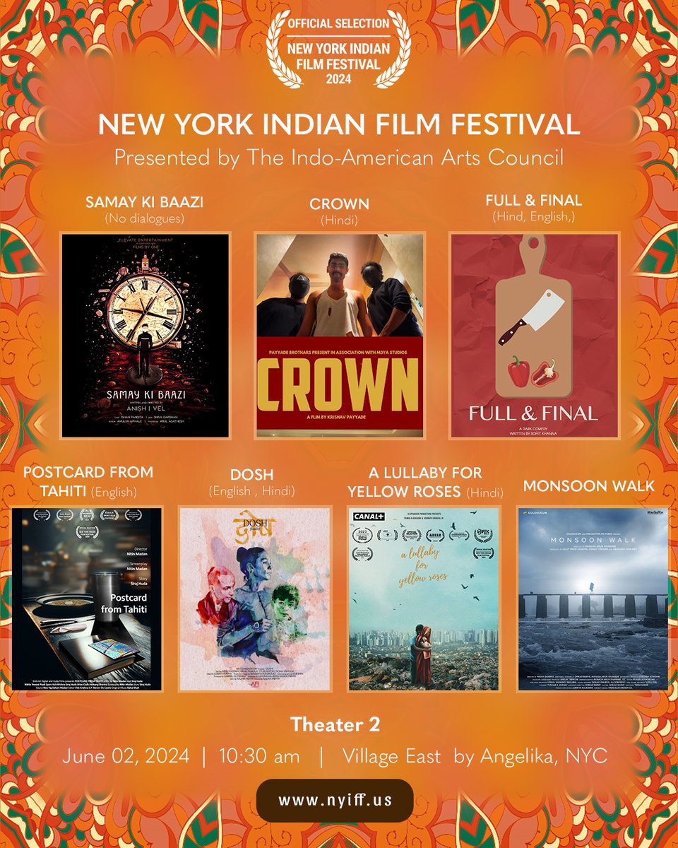NYIFF 2024 brings to you exceptional short films from India! Here’s the 2nd June line up Theatre 2: 10.30 am Shorts C Postcard from Tahiti A lullaby of Yellow Roses Monsoon Walk Full and Final Dosh IFP Shorts (Samay Ki Bazzi & Crown) Book your tickets now! bit.ly/4ciLqwT