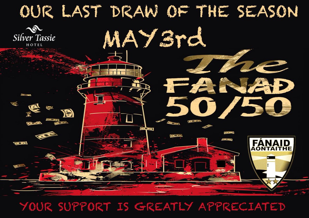 April 50/50 draw takes place this Friday during our Presentation Night 
Tickets from any committee member 
PayPal paypal.me/FanadUnitedFC 
Revolut seanlupcc 
€2 /1 
€5 /3 
€10 / 7 
€20 / 15 
We will take a break then until August ❤️🖤