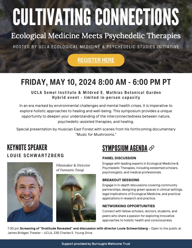Join me for this incredible event! CULTIVATING CONNECTIONS: Ecological Medicine Meets Psychedelic Therapies 🍄🙏🧡 FRIDAY, MAY 10, 2024 8:00 AM - 6:00 PM PT *In-person and online Hybrid event* UCLA Semel Institute Learn more: re.semel.ucla.edu/activities/