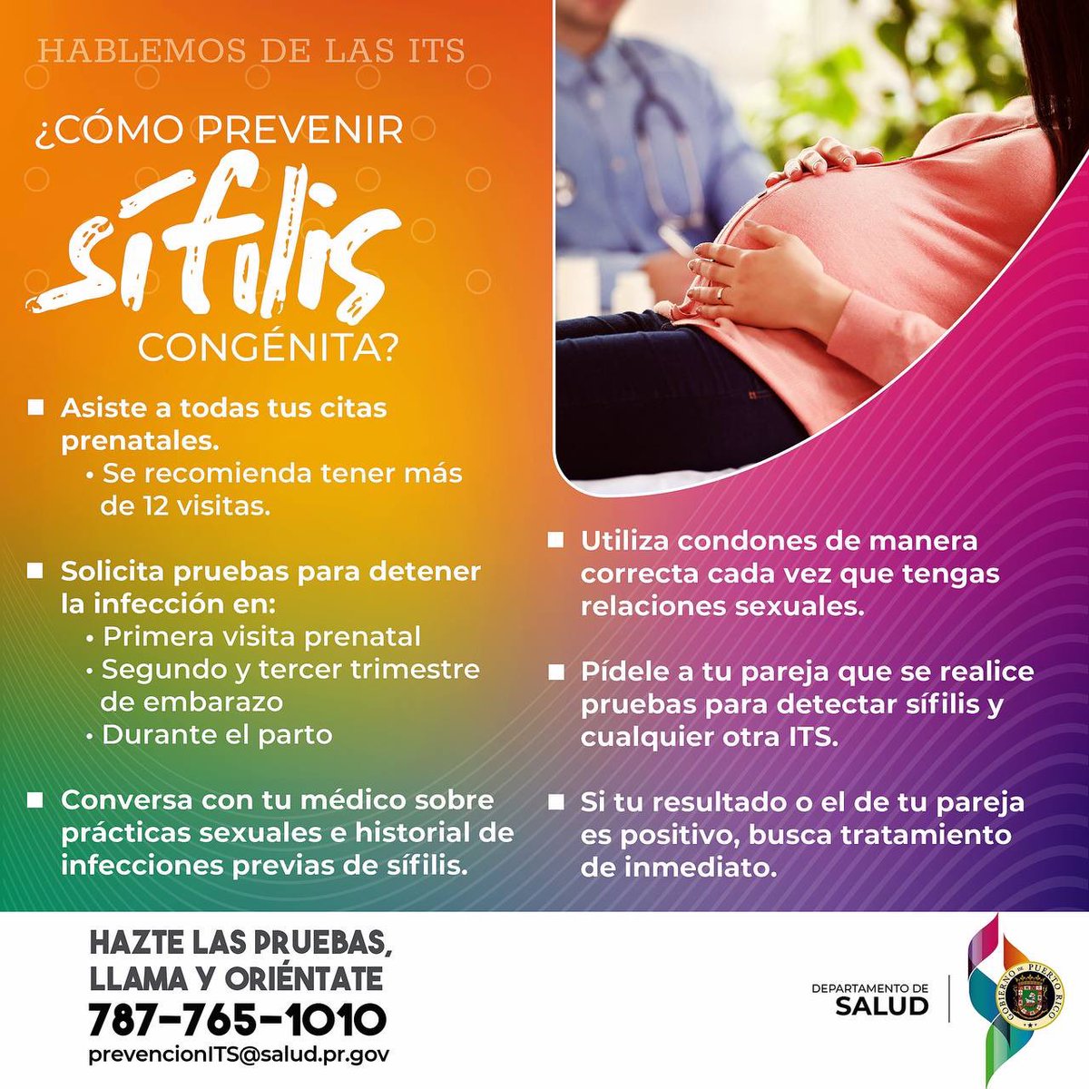 Durante el embarazo, la sífilis puede ser transmitida al bebé a través de la placenta. Habla con tu médico sobre los factores de riesgo de adquirir sífilis u otra infección por transmisión sexual, tratamiento y cómo prevenirla. ☎️787-765-1010 #HablemosDeLasITS
