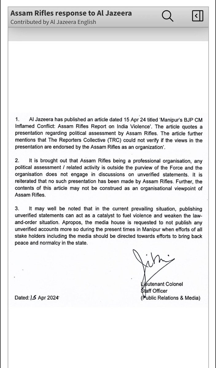 If this Assam Rifles letter slamming Qatari state-run propaganda outlet @AlJazeera and the leftist reporter @AnganaCk for publishing fake news is true, why shouldn't Al Jazeera be banned in Bharat, just like it has been banned by Israel? cc @HMOIndia @AmitShah - how many more…