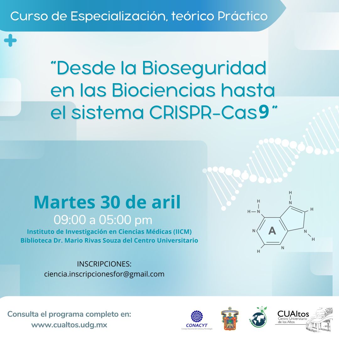 ¡ No te pierdas la oportunidad de actualización profesional! CuAltos te invita al Curso de Especialización Teórico Práctico: 'Desde la Bioseguridad en las Biociencias hasta el sistema CRISPR-Cas9'. ¡Te esperamos para una jornada llena de conocimiento y networking! 🌟