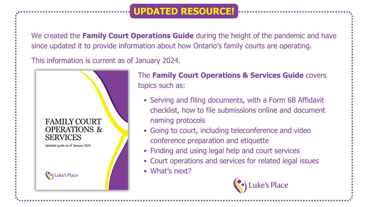 We created the Family Court Operations Guide during the height of the pandemic and have since updated it to provide information about how Ontario’s #familycourts are operating. The information is current as of January 2024. Access it here: ow.ly/Tja050RkkFT #familylaw